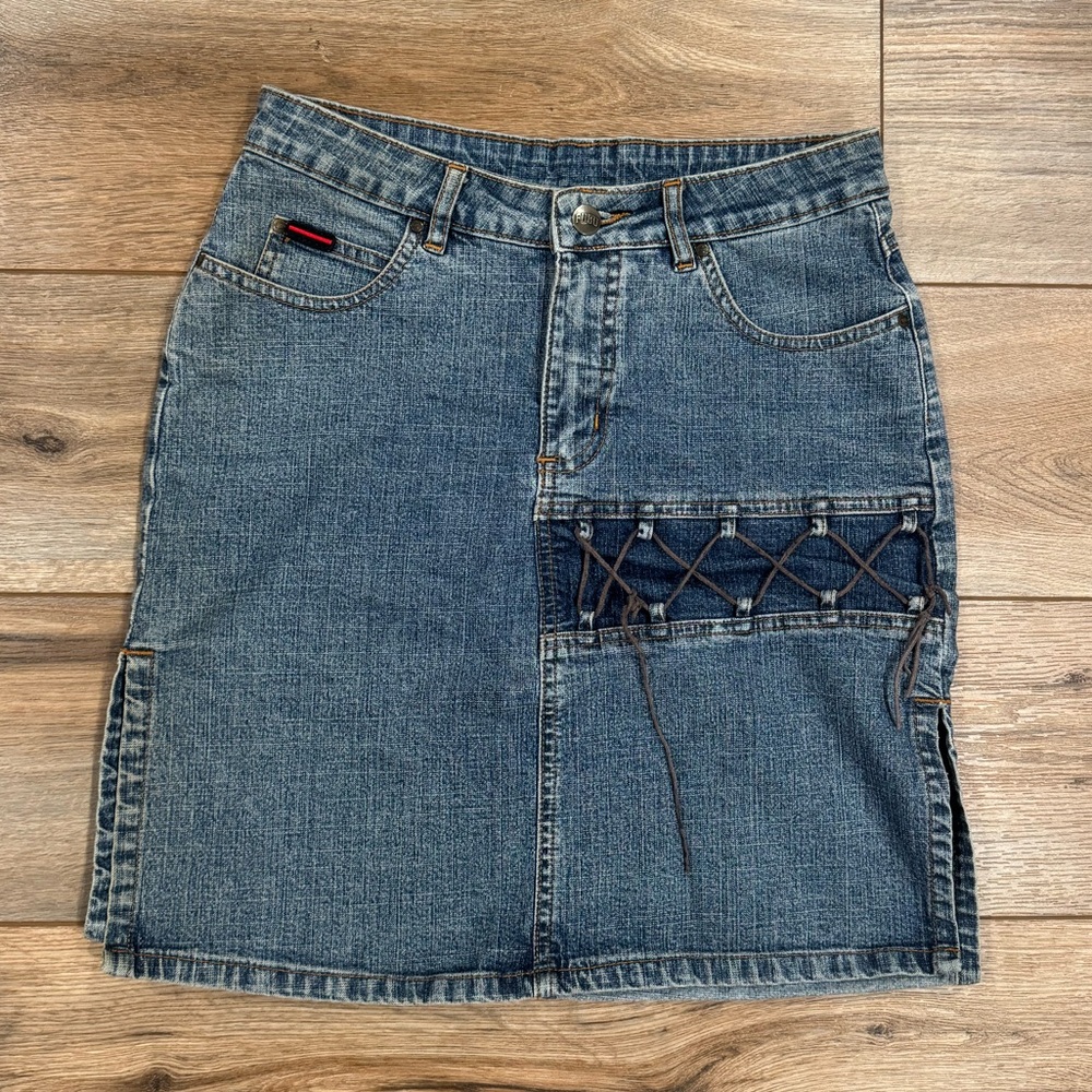 FUBU VINTAGE 1990s Y2k Style Midi Denim Skirt W/ String Detailing & Slits | 3/4